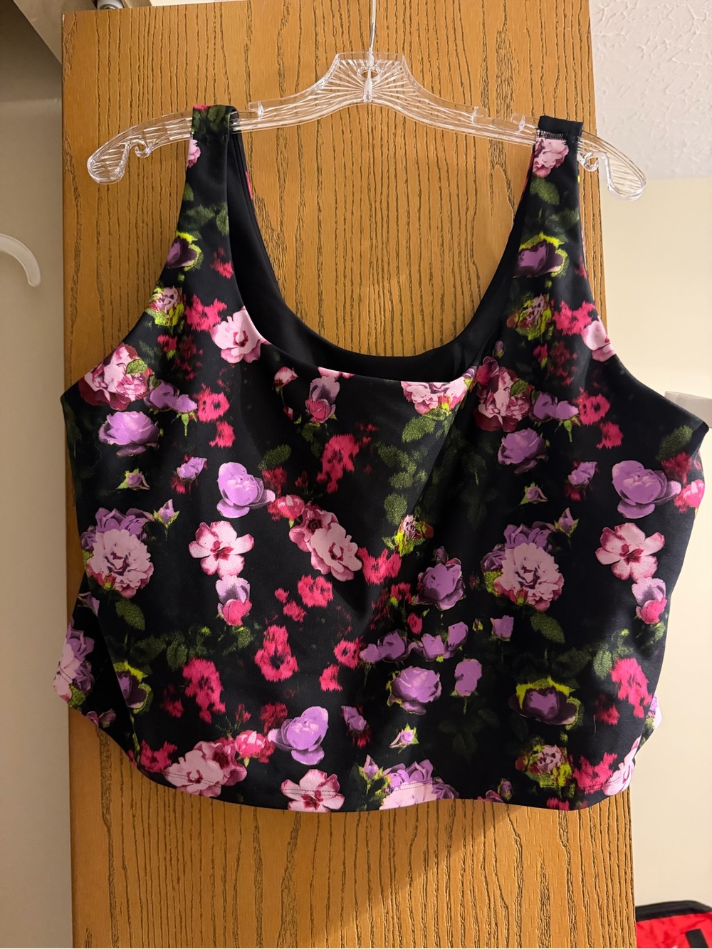 Old Navy Black Floral Longline Sports Bra with Pink & Purple Blooms